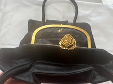 Vintage 1950s-60s Black Leather Frame Handbag with Gold-Tone Clasp