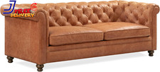 Vintage Cognac Tan Leather Three-Seat Sofa with English Roll Arms and Bun Feet — listing 5