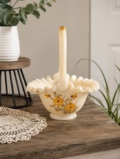 Fenton Custard Satin Glass Basket with Hand-Painted Log Cabin/Trees Scene, 8 inches tall — listing 5