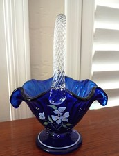 Fenton Cobalt Blue Ruffled Vase-Form Basket with Clear Twisted Handle