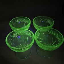 Vaseline Uranium Glass Footed Sherbet Cup, Yellow Block Optic Pattern