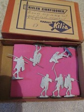 Lot of 11 Antique Flat Lead Toy Soldiers, WWI Marching & Fighting Infantry, Grey Uniforms with Red & White Flag — listing 6