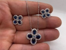 Sapphire Blue CZ Princess-Style Pendant Necklace & Earrings Jewelry Set