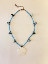 Vintage Carved Turquoise-Blue Beaded Statement Necklace with Black Faceted Glass Spacers — listing 6