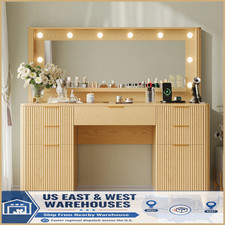 Vintage Oak Kneehole Vanity Desk / Dressing Table with Mirror, Stool, and Cabinets — listing 3