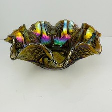 Vintage Iridescent Carnival Glass Ribbed Compote on Figural Brass Cherub Pedestal