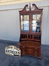 Mahogany Secretary Desk with Glazed Bookcase Top, Flame Veneer Drop-Front, 73.5" H