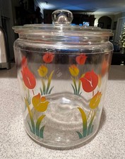 Vintage Graduated 4-Piece Ceramic Canister Set, Yellow-Green with Red Tulip Motif — listing 5