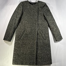 H&M Black Textured Zip-Front Collarless Coat with Gold Zipper Pockets, Size 4