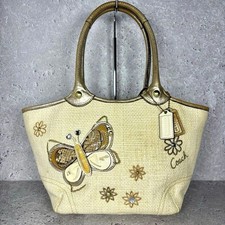 Coach Straw & Coral Leather Butterfly Applique Handbag — listing 6