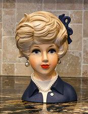 Vintage 1950s Ceramic Lady Head Vase with Pink Hat and Gold Trim — listing 3
