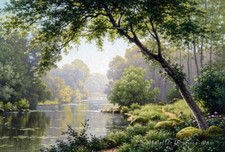 Digitally-Stylized Lakeside Park Landscape Art Print (Split-Rail Fence, Pier & Bare Tree) — listing 3