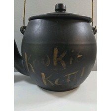 Vintage Black Enamelware Kettle Repurposed as "Kookie Kettle" Cookie Jar with Coil Handle — listing 2