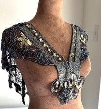 Vintage Cream Lace Sequined Wrap Scarf with Silk Ribbon Ties — listing 5