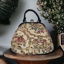 1960s Huge Carpet Tapestry Handbag by Jaclyn — Floral on Black with Black Leather Handles — listing 4