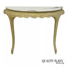 Demilune Console Table and Round Side Table Set, Marble Top with Wrought Iron Leaf Scroll Base — listing 4