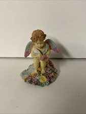 Resin Angel Figurine with Real Feather Wings Holding Purple Gemstone Heart