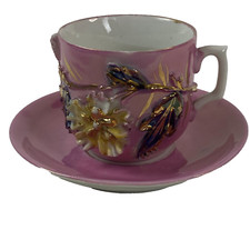 Antique German Iridescent Lustreware Miniature Demitasse Cup & Saucer with Gilt and Pink Wave Decoration — listing 5