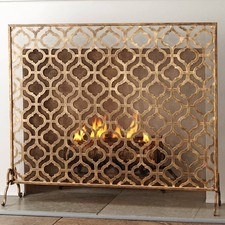 Three-Panel Wrought Iron Fireplace Screen with Scrollwork and Rosette Medallions