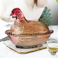 Multi-Color Amberina Glass Rooster on Nest Covered Candy Dish, 8.5 inch