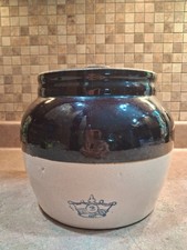 Robinson Ransbottom Roseville Ohio Stoneware Bean Pot (No Lid), Blue Stripe Cream Glaze — listing 3
