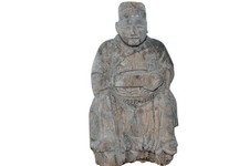 Antique Chinese Carved Wood Foo Dog / Guardian Lion with Brocade Ball on Wooden Base — listing 4