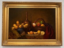 Original Oil Still Life Painting with Religious Saint Statue, Fruit, Roses, and Copper Kettle — listing 4