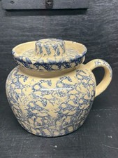 Robinson Ransbottom Roseville Ohio Stoneware Bean Pot (No Lid), Blue Stripe Cream Glaze — listing 6