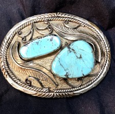 Vintage Southwestern Style Oval Belt Buckle with Turquoise Stones and Feather Motif — listing 6