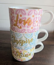 Set of 4 Stackable Ceramic Word Mugs with Black Wire Stand (thank you, calm, love, happy)