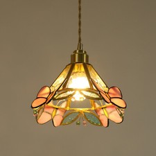 Vintage Spanish Revival Six-Panel Stained Slag Glass Pendant Lamp with Gilt Scrollwork — listing 5
