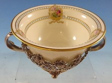 Antique Sterling Silver Pierced Bouillon Cup Holder & Saucer with Porcelain Rose Insert — listing 4