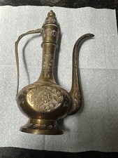Vintage Indian Brass Aftaba Ewer with Engraved Floral Motifs and Domed Finial Lid — listing 6