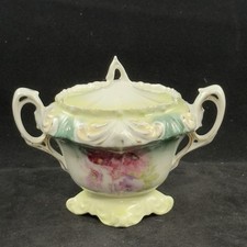 Vintage Porcelain Covered Sugar Bowl with White Scroll Damask Pattern and Platinum Trim — listing 5