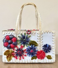 1930s Large Round Woven Straw Handbag with Wooden Ring Handles, Natural & Rose Raffia Floral Rosettes, 16x17" Oversized — listing 2