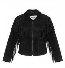 Vintage Western Fringe Suede Leather Jacket, OK Clothing (Camp Casey Korea), Tan/Brown — listing 4