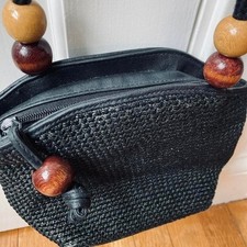 1930s Large Round Woven Straw Handbag with Floral Raffia Rosettes, Wooden Ring Handles, Natural & Rose, 16x17x6 in — listing 6