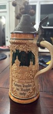 Vintage German High-Relief Ceramic Beer Stein with Valkyrie/Norse Battle Scene, 'Lebensmüd', Twig Handle, No Lid — listing 6