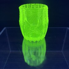 Antique Green Vaseline / Uranium Opalescent Glass Toothpick Holder with Scroll & Beaded Pattern, 1.5 inches tall — listing 6