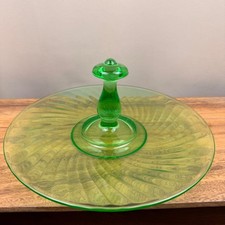 Green Uranium Depression Glass Center-Handle Serving Platter with Sunflower Floral Pattern, 11 inches — listing 3
