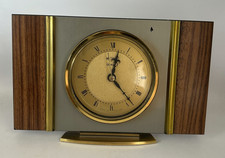 Vintage Quartz Wood Mantel Clock with Roman Numeral Dial and Ornate Brass Corners