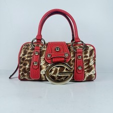 Leopard Print Leather Boston Satchel Handbag with Brown Trim — listing 6