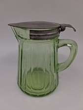 Vintage Uranium Green Depression Glass Syrup Pitcher with Hinged Metal Lid, 4.5 inches — listing 2