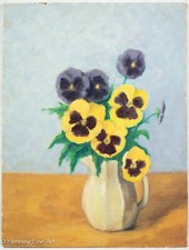 Vintage Oil Painting Still Life of Pansies in Ceramic Vase, Gilt Wood Frame — listing 3