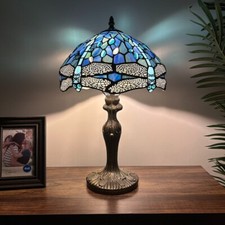 Tiffany-Style Dragonfly Stained Glass Table Lamp with Bronze Base
