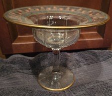 Ceramic Footed Compote Bowl with Blue Scalloped Rim and Hand-Painted Floral Motif — listing 4
