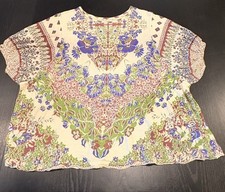 Free People Floral Print Deep V-Neck Peplum Top with Crochet Lace Trim