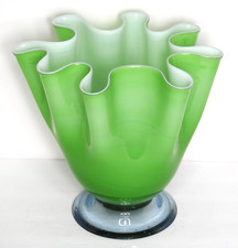 Cased Art Glass Ruffled Handkerchief Vase, Orange to Opalescent White with Swirled Clear Foot — listing 2