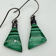 Sterling Silver 925 Modernist Paisley Drop Earrings with Malachite Cabochons — listing 5