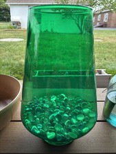 Tall Green Glass Floor Vase with Embossed Scroll Design, Elongated Bottle Neck Form, approx. 36-40 inches — listing 6